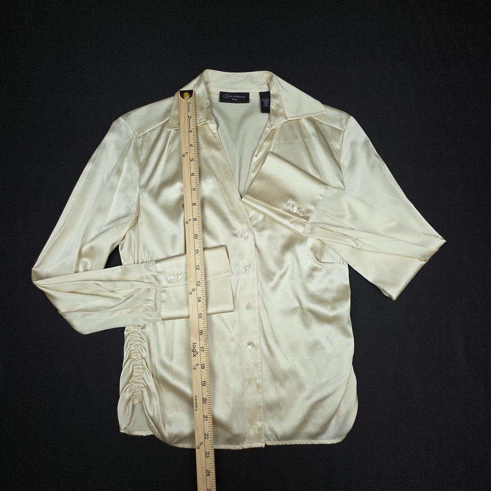 Y2K Context Petite Button Down Blouse Womens 6P Cream Ruched Stretch Silk Blend - Picture 3 of 7